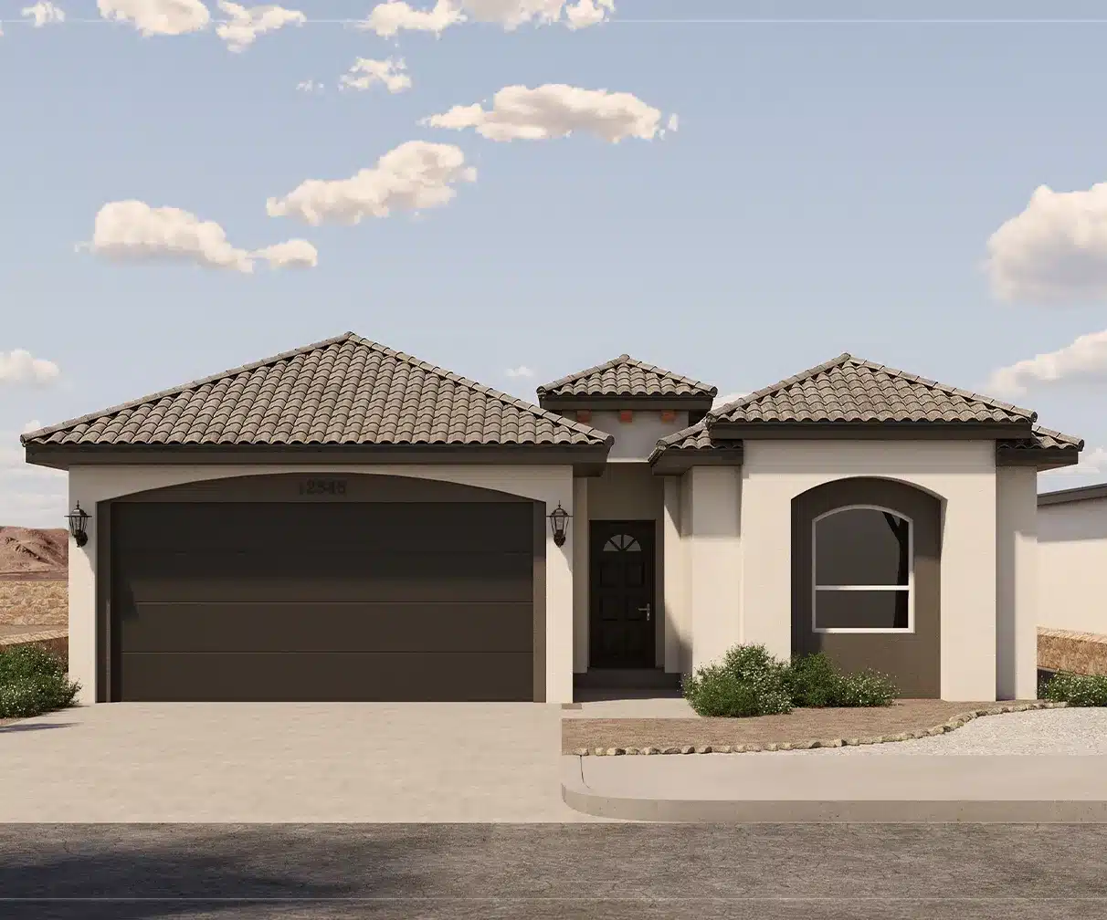 Shasta by Rise Homes featuring layered tile rooflines, a centered recessed doorway, broad garage, and arched window.