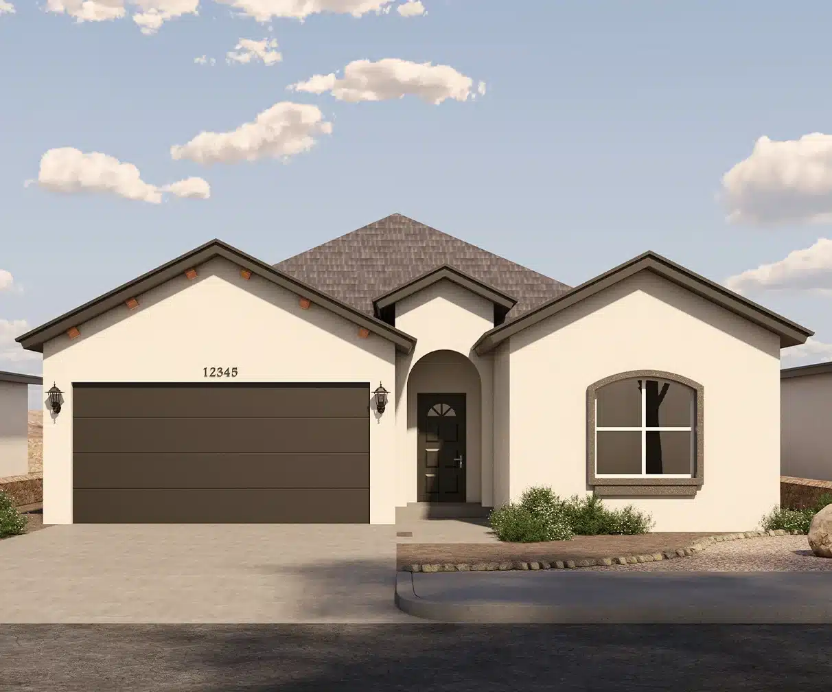 Eagle Peak by Rise Homes with three prominent gables, a tall arched entry, two-car garage, and framed front window.