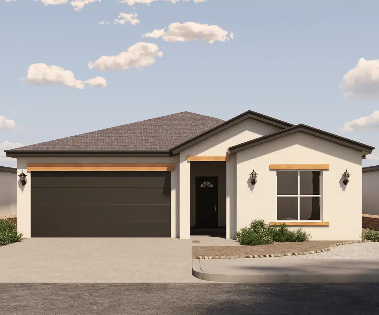 Franklin by Rise Homes with offset gables, wood-toned lintels, a shaded porch, two-car garage, and rectangular front window.