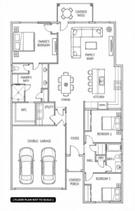 Eagle Peak illustrated floor plan with three bedrooms, two baths, central kitchen and family room, utility space, double garage, and covered patio.