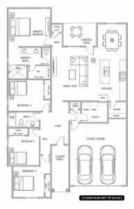 Franklin hand-drawn layout arranging four bedrooms, two baths, a central family room, island kitchen, utility room, covered patio, and double garage.