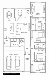 Meadow 2D plan with four bedrooms along one wing, two baths, open family room and kitchen, pantry, utility room, double garage, and patio.