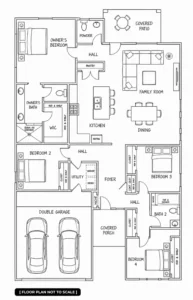 Mia illustrated floor plan featuring four bedrooms, two full baths, a powder room, open kitchen and living spaces, double garage, and covered patio.