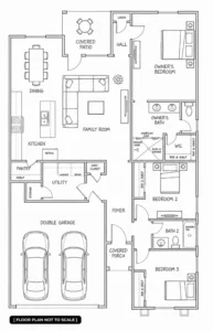 Shasta hand-drawn plan connecting three bedrooms and two baths with an open kitchen, dining and family room, utility storage, double garage, and patio.